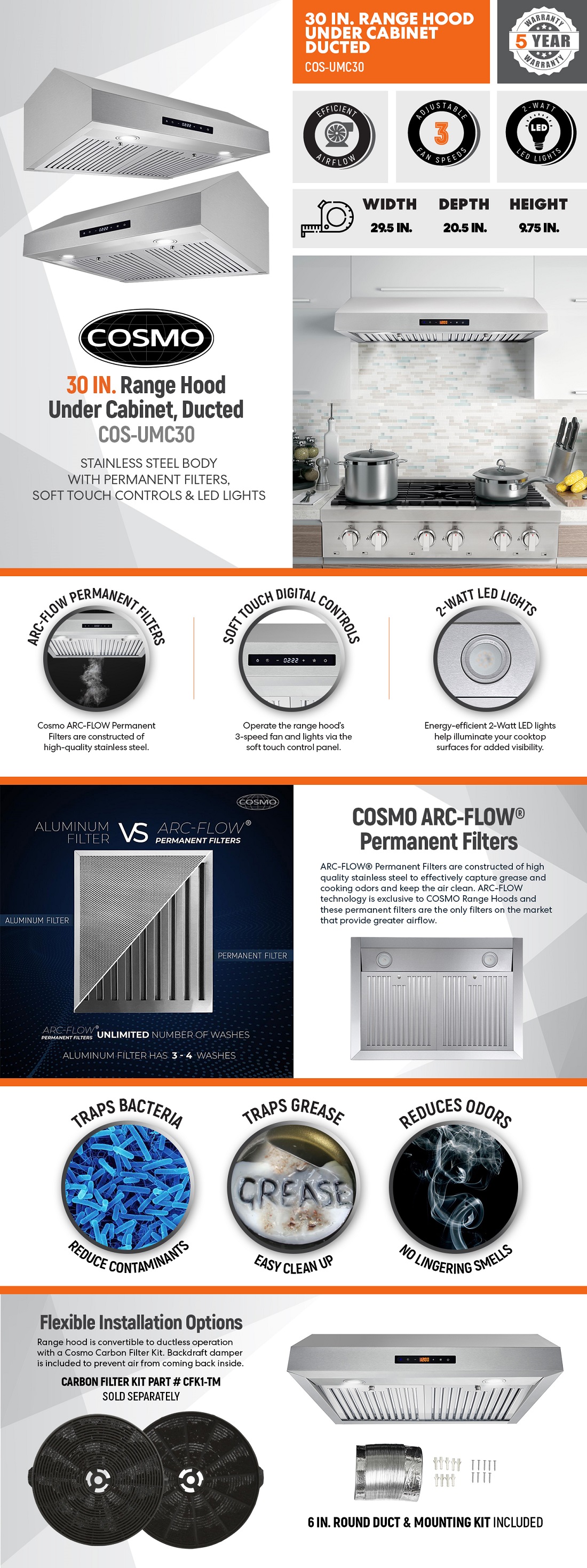 Cosmo 30 in. Ducted Under Range Hood in Stainless Steel with